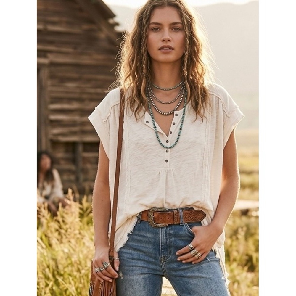 Free People We The Free Ivory Linen Blend Henley Raw Hem Top Small